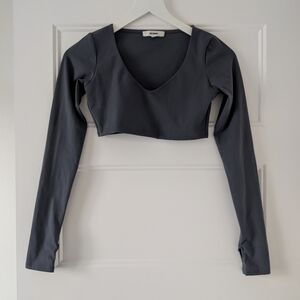 Joah Brown Gray/Blue Crop V Neck Long Sleeve